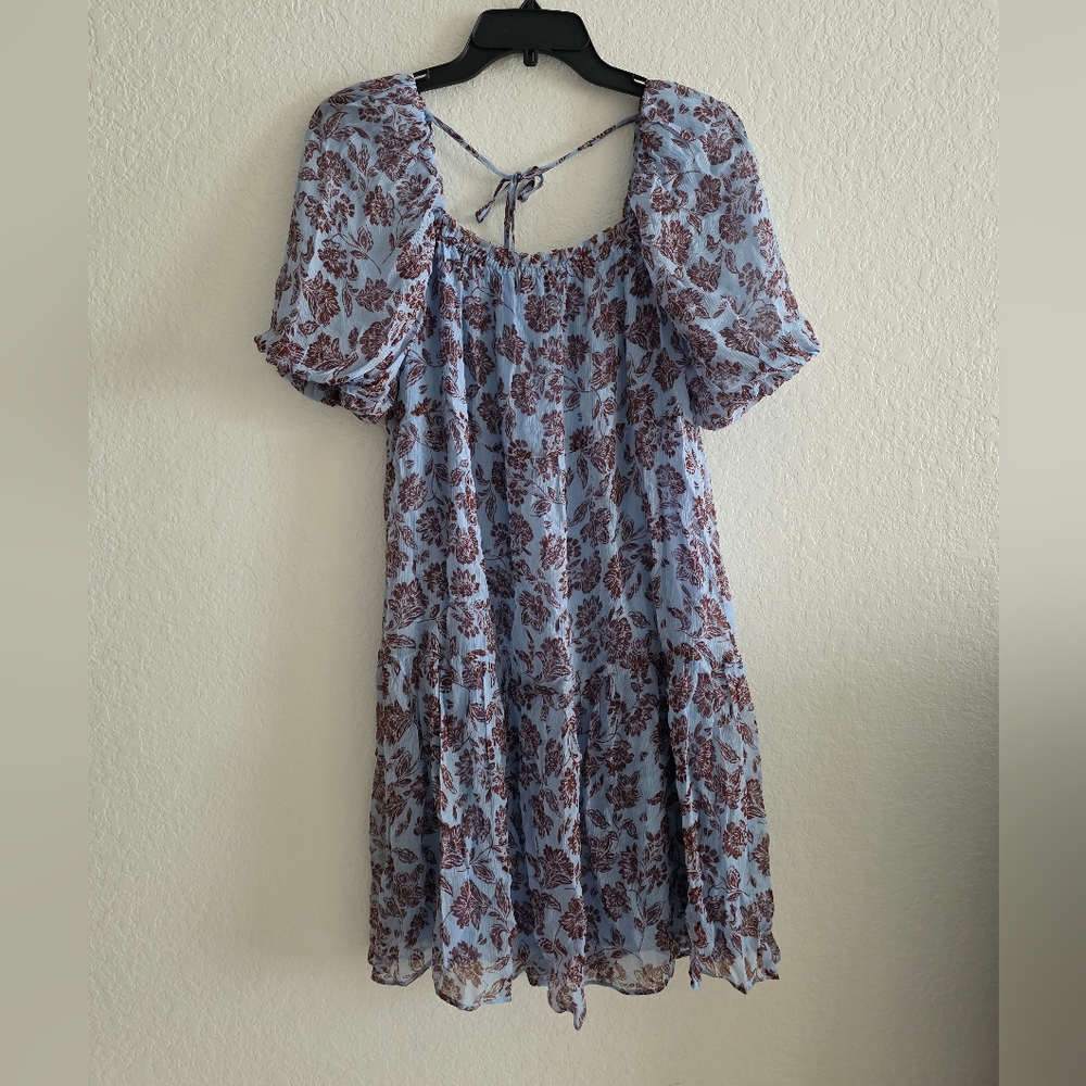 Madewell blue floral  Puff-Sleeve Mini Dresswith tie back detail. Size: 0